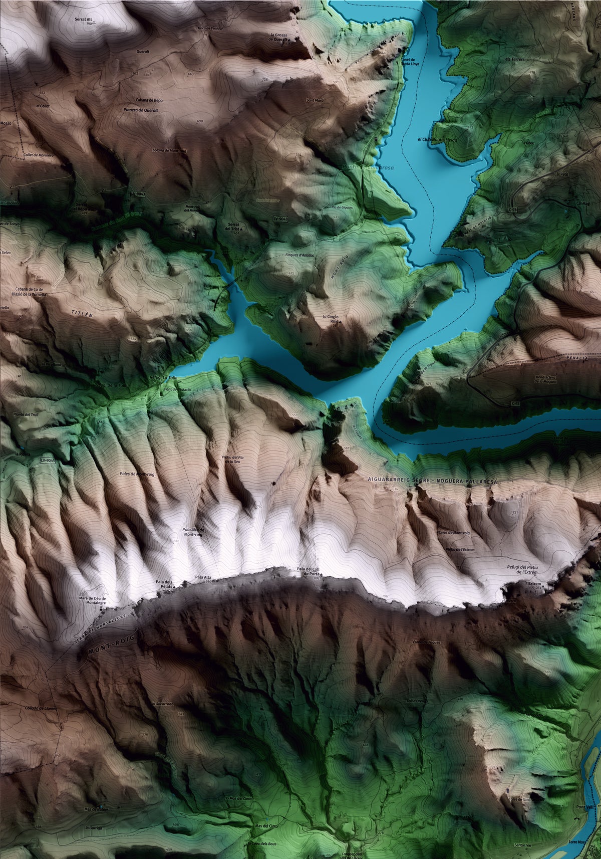 Mapa artístico del relieve de Camarasa, a la Noguera, con 15 km de entorno y base topográfica ICGC. Detalle de la zona superior izquierda.