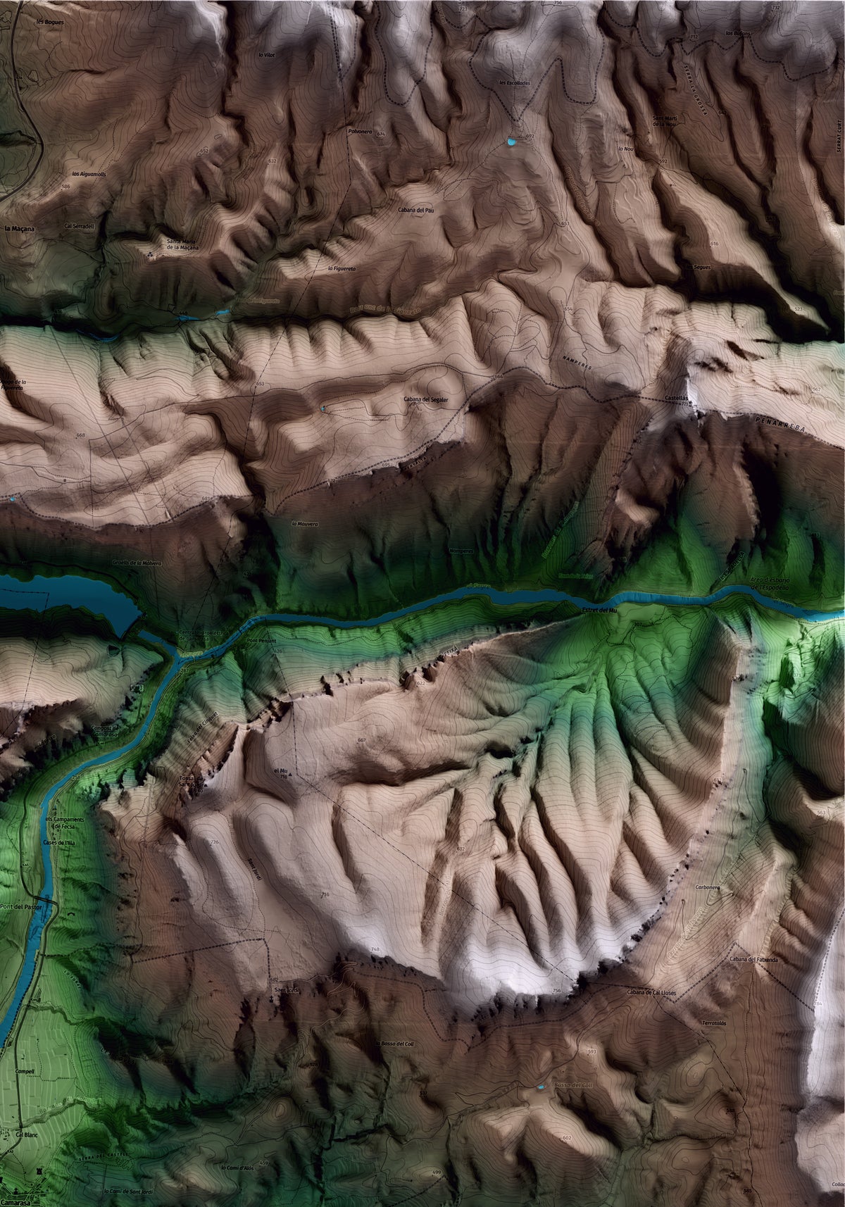 Mapa artístico del relieve de Camarasa, a la Noguera, con 15 km de entorno y base topográfica ICGC. Detalle de la zona superior derecha.