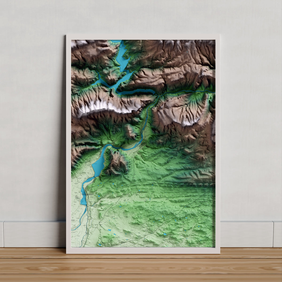 Mapa artístico del relieve de Camarasa, a la Noguera, con 15 km de entorno y base topográfica ICGC. Presentación enmarcada.