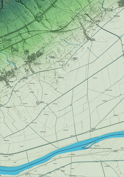 Mapa artístico del relieve de Camarles, al Baix Ebre, con 15 km de entorno y base topográfica ICGC. Detalle de la zona inferior izquierda.