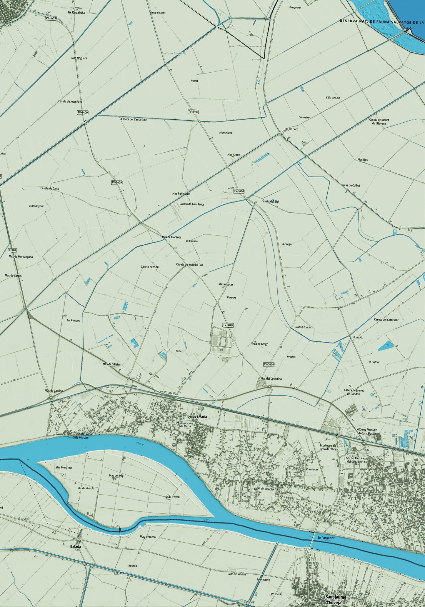 Mapa artístico del relieve de Camarles, al Baix Ebre, con 15 km de entorno y base topográfica ICGC. Detalle de la zona inferior derecha.