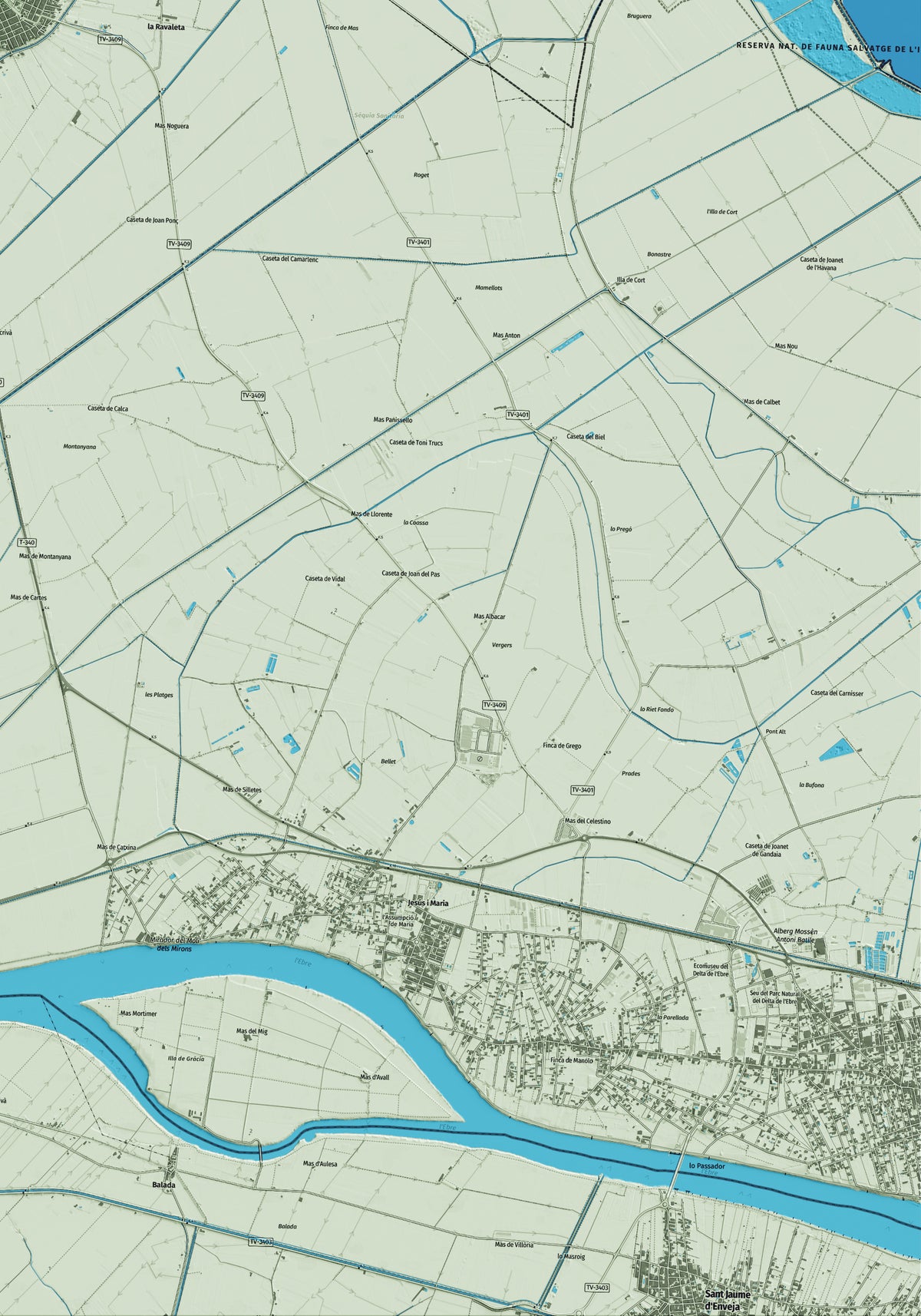 Mapa artístico del relieve de Camarles, al Baix Ebre, con 15 km de entorno y base topográfica ICGC. Detalle de la zona inferior derecha.
