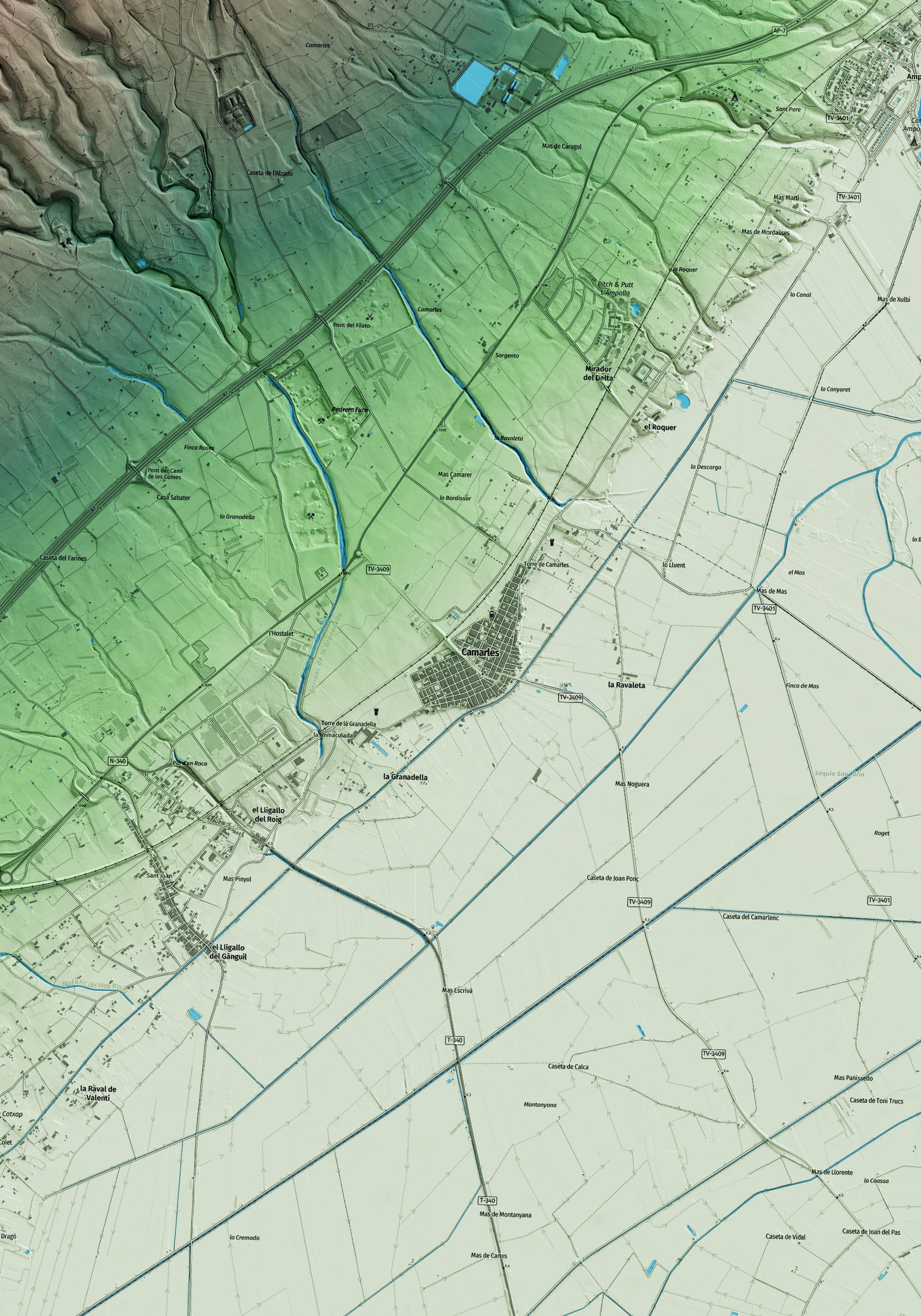 Mapa artístico del relieve de Camarles, al Baix Ebre, con 15 km de entorno y base topográfica ICGC. Detalle de la zona central.