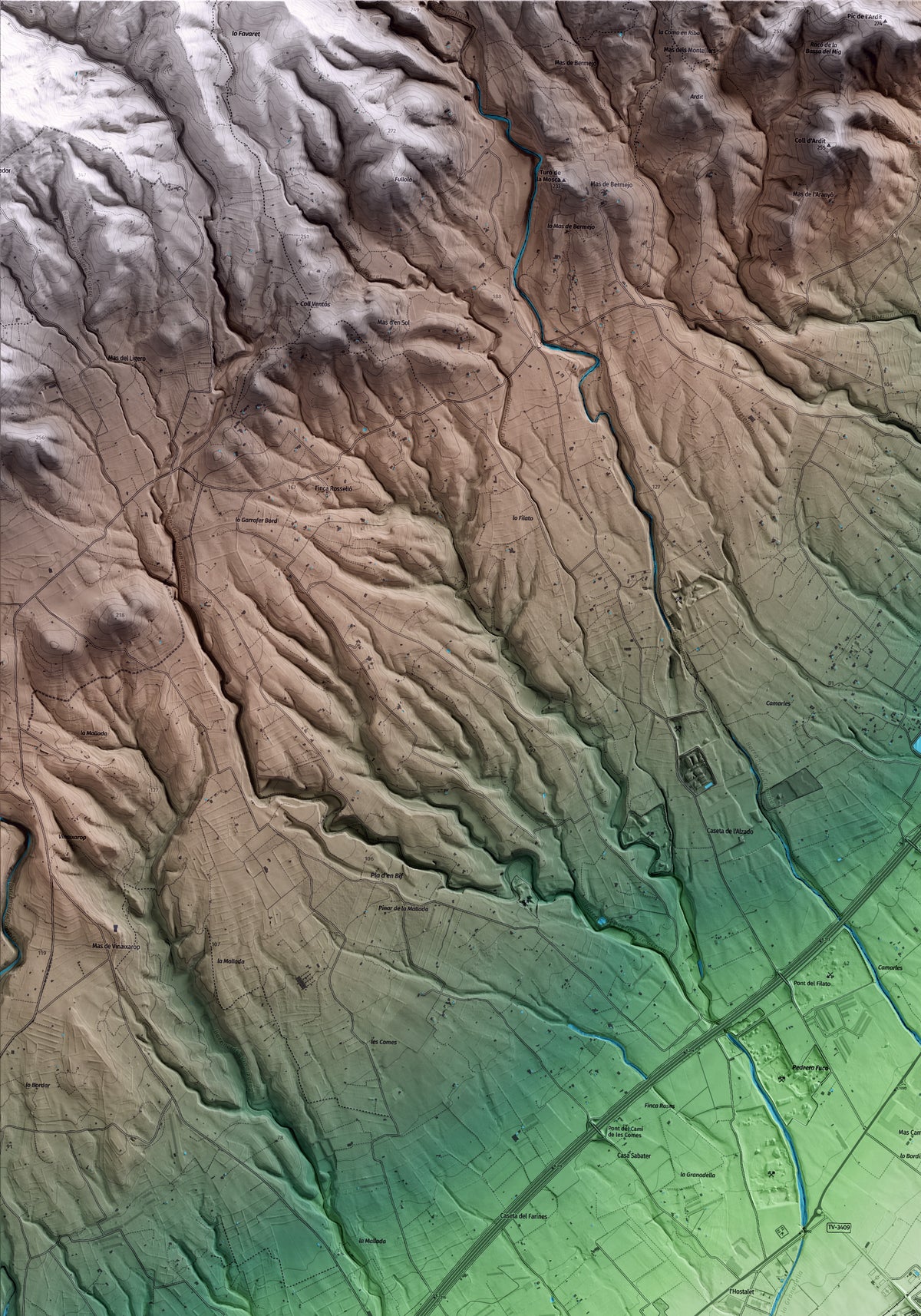 Mapa artístico del relieve de Camarles, al Baix Ebre, con 15 km de entorno y base topográfica ICGC. Detalle de la zona superior izquierda.