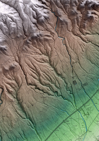 Mapa artístico del relieve de Camarles, al Baix Ebre, con 15 km de entorno y base topográfica ICGC. Detalle de la zona superior izquierda.