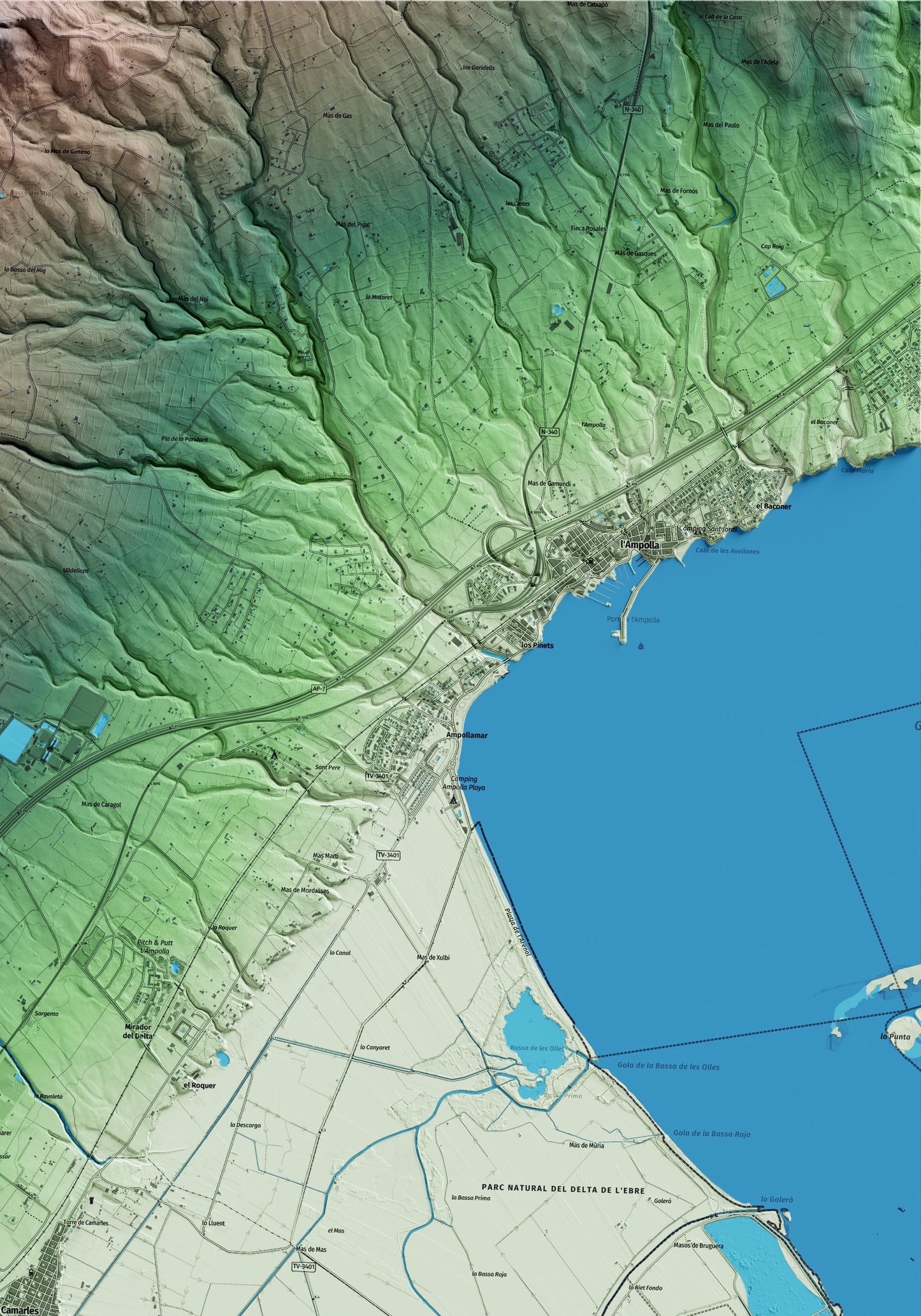 Mapa artístico del relieve de Camarles, al Baix Ebre, con 15 km de entorno y base topográfica ICGC. Detalle de la zona superior derecha.