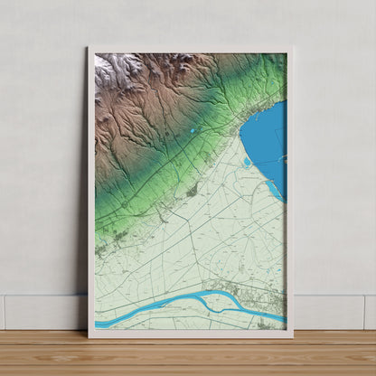 Mapa artístico del relieve de Camarles, al Baix Ebre, con 15 km de entorno y base topográfica ICGC. Presentación enmarcada.