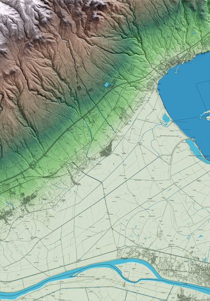 Mapa artístico del relieve de Camarles, al Baix Ebre, con 15 km de entorno y base topográfica ICGC