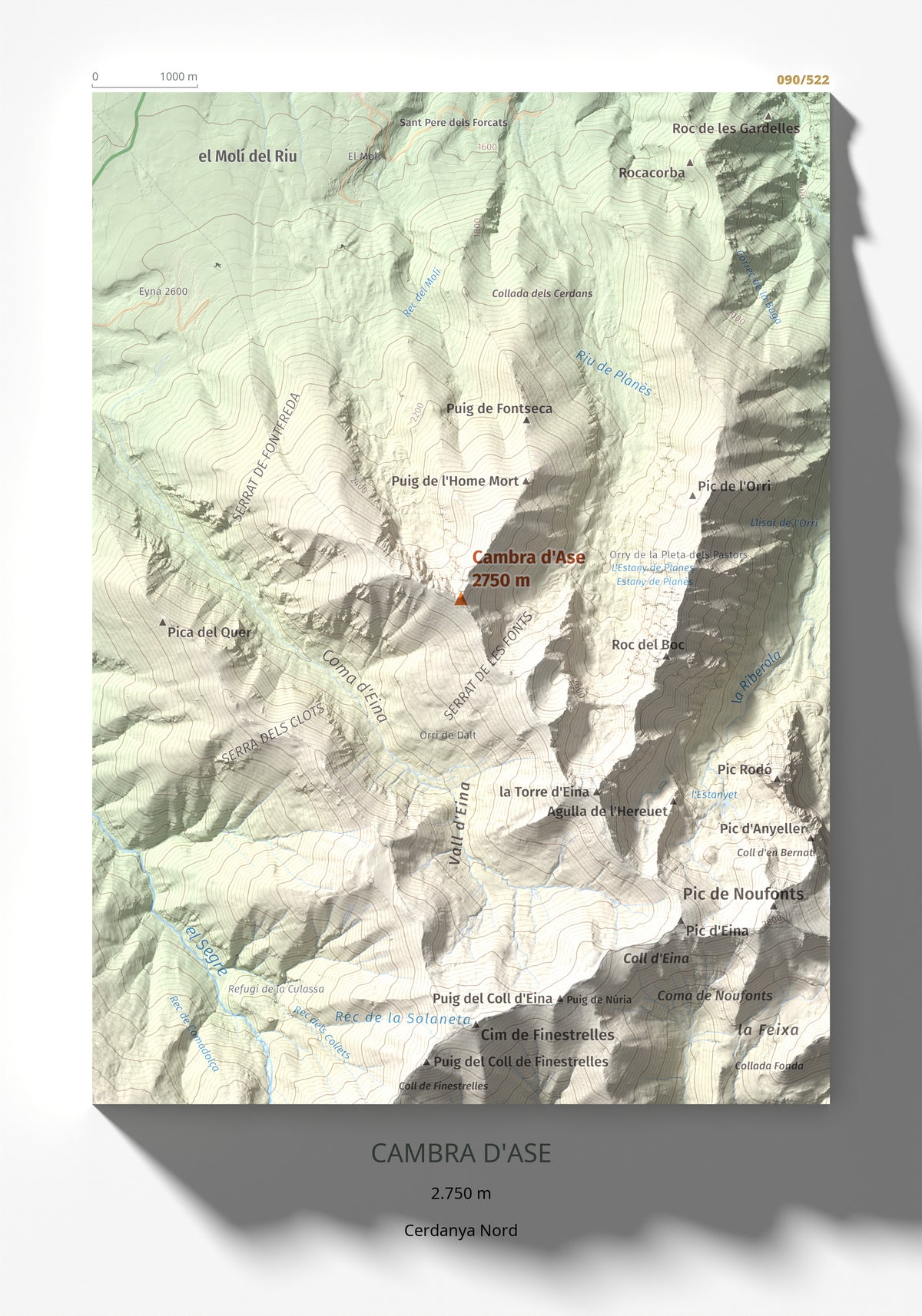 Mapa de relieve de Cambra d'Ase, 2750 m, Cerdanya Nord, lámina 100 Cims de Trobart 21 × 30 cm.