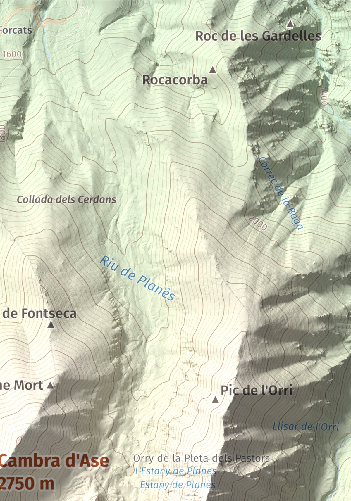 Mapa de relieve de Cambra d'Ase, 2750 m, Cerdanya Nord, lámina 100 Cims de Trobart. Detalle de la zona superior derecha. 21 × 30 cm.