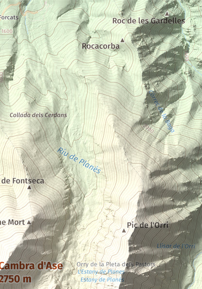 Mapa de relieve de Cambra d'Ase, 2750 m, Cerdanya Nord, lámina 100 Cims de Trobart. Detalle de la zona superior derecha. 21 × 30 cm.