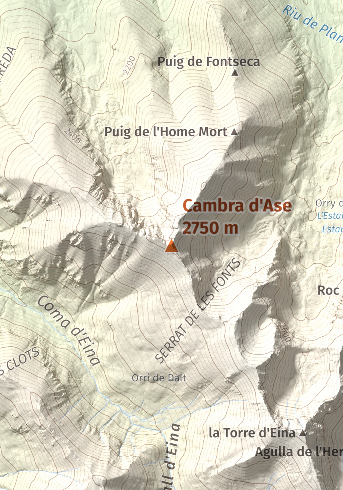 Mapa de relieve de Cambra d'Ase, 2750 m, Cerdanya Nord, lámina 100 Cims de Trobart. Detalle de la zona central. 21 × 30 cm.