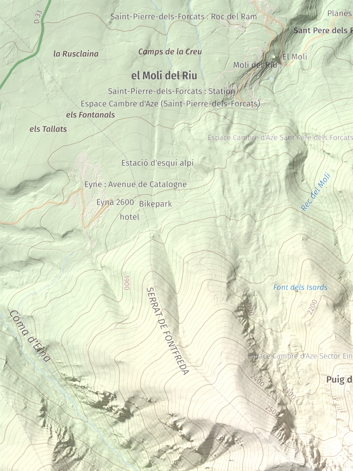 Mapa de relieve de Cambra d'Ase, 2750 m, Cerdanya Nord, lámina 100 Cims de Trobart. Detalle de la zona superior izquierda. 30 × 40 cm.