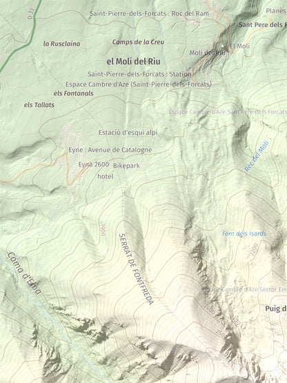 Mapa de relieve de Cambra d'Ase, 2750 m, Cerdanya Nord, lámina 100 Cims de Trobart. Detalle de la zona superior izquierda. 30 × 40 cm.
