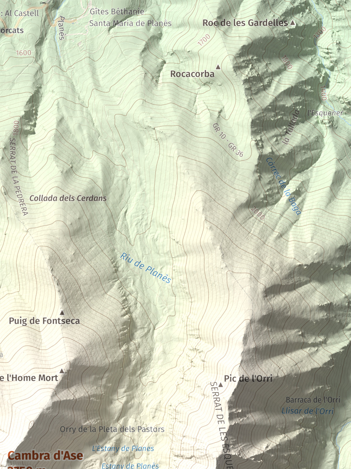 Mapa de relieve de Cambra d'Ase, 2750 m, Cerdanya Nord, lámina 100 Cims de Trobart. Detalle de la zona superior derecha. 30 × 40 cm.
