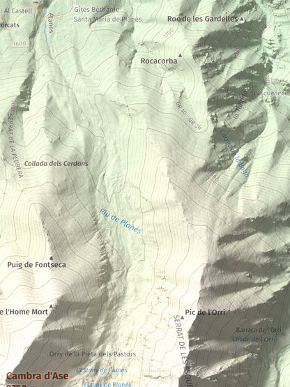 Mapa de relieve de Cambra d'Ase, 2750 m, Cerdanya Nord, lámina 100 Cims de Trobart. Detalle de la zona superior derecha. 30 × 40 cm.