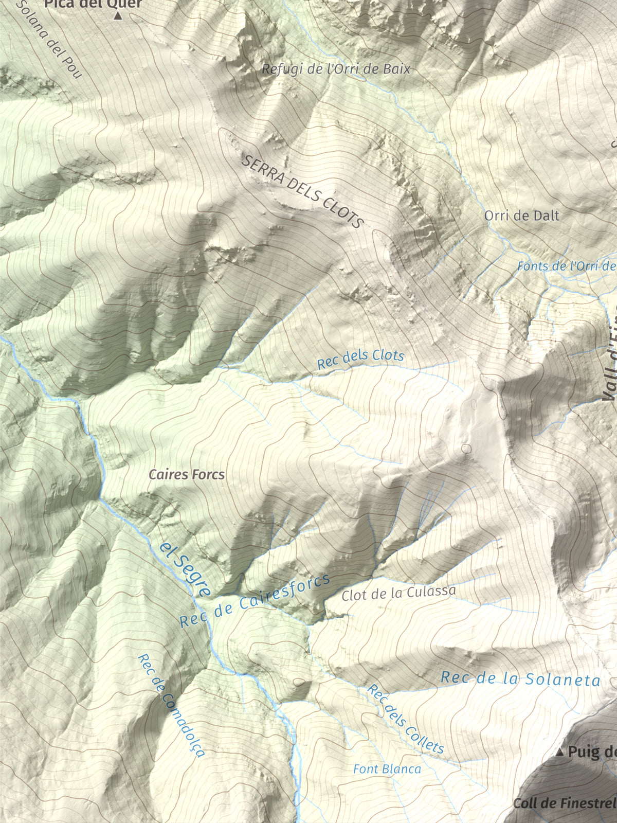 Mapa de relieve de Cambra d'Ase, 2750 m, Cerdanya Nord, lámina 100 Cims de Trobart. Detalle de la zona inferior izquierda. 30 × 40 cm.