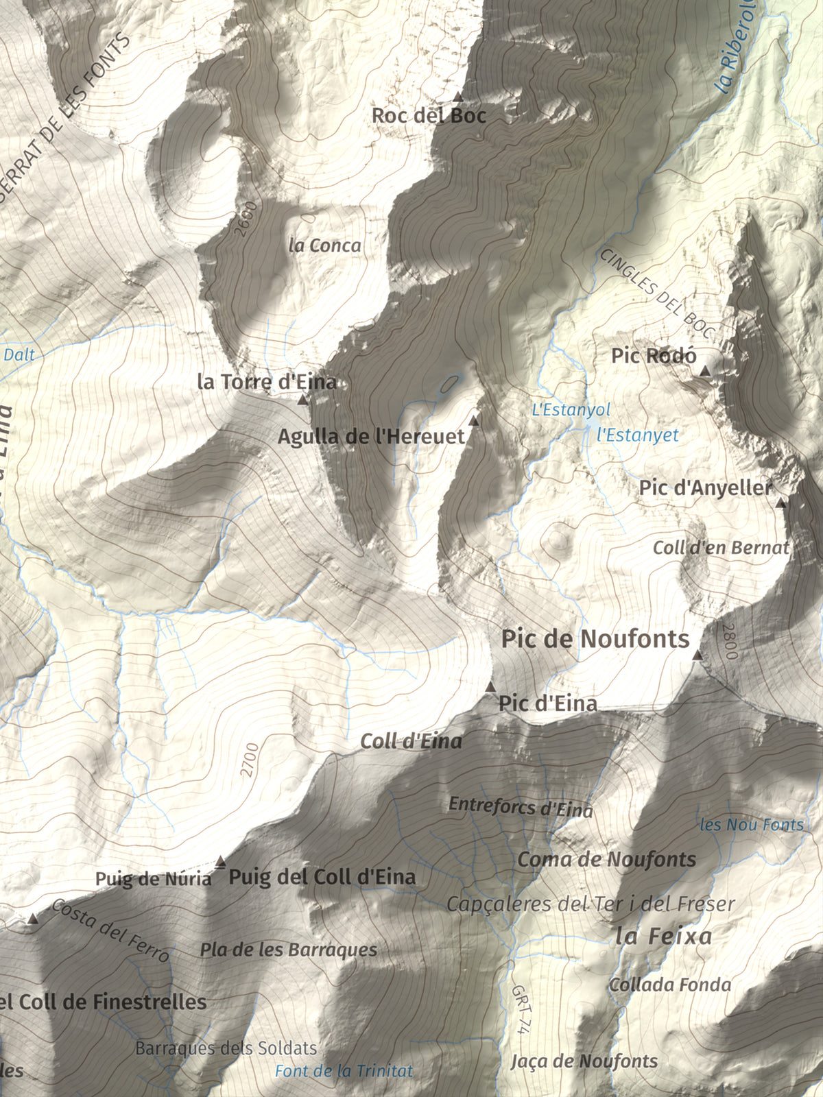 Mapa de relieve de Cambra d'Ase, 2750 m, Cerdanya Nord, lámina 100 Cims de Trobart. Detalle de la zona inferior derecha. 30 × 40 cm.