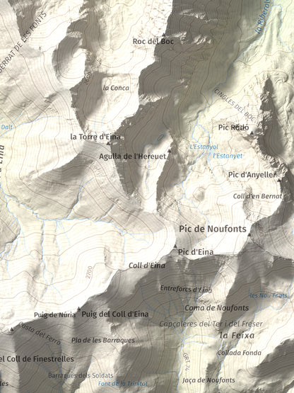 Mapa de relieve de Cambra d'Ase, 2750 m, Cerdanya Nord, lámina 100 Cims de Trobart. Detalle de la zona inferior derecha. 30 × 40 cm.