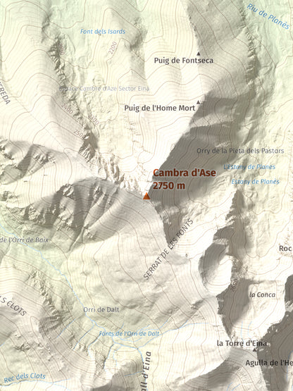 Mapa de relieve de Cambra d'Ase, 2750 m, Cerdanya Nord, lámina 100 Cims de Trobart. Detalle de la zona central. 30 × 40 cm.