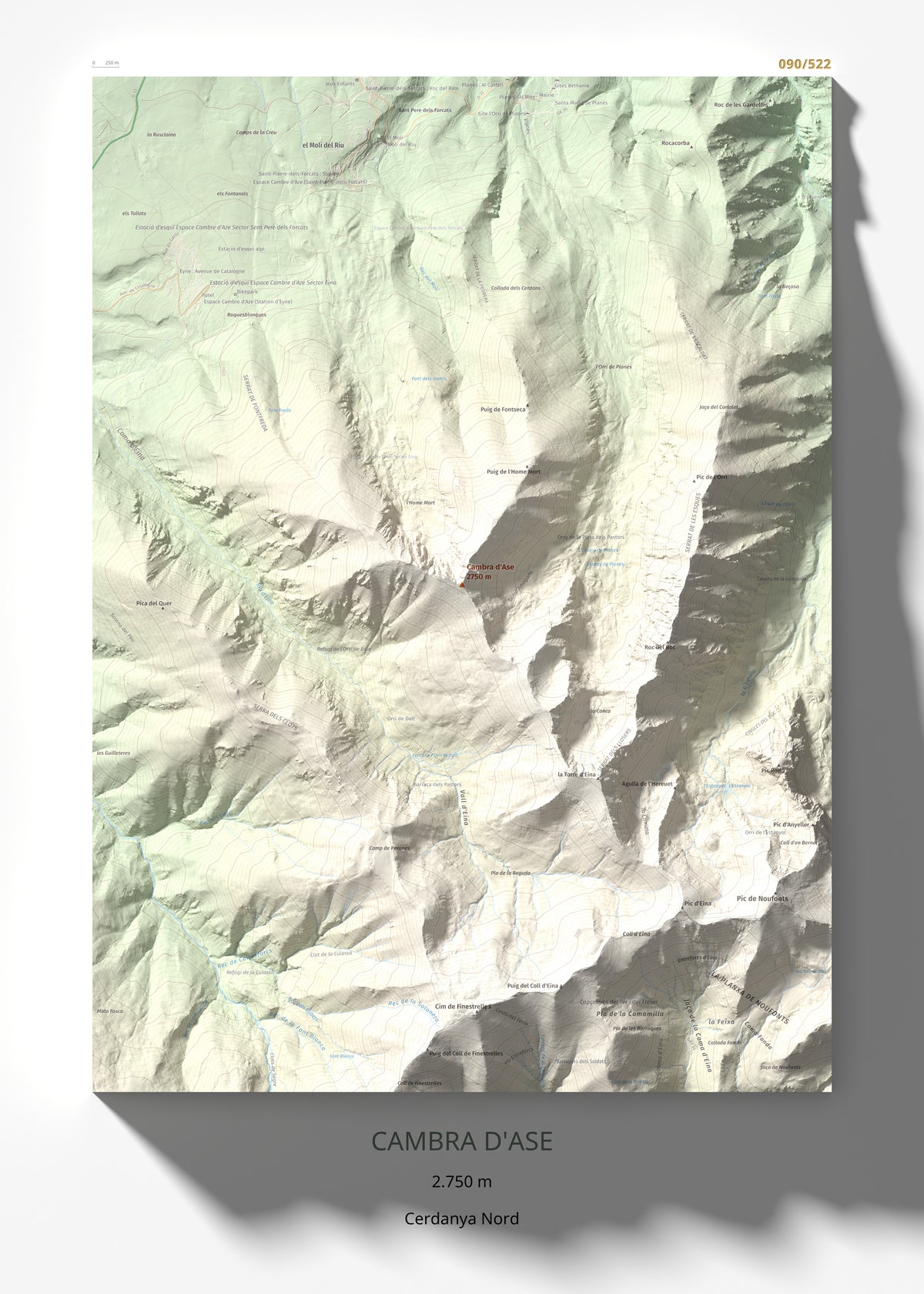 Mapa de relieve de Cambra d'Ase, 2750 m, Cerdanya Nord, lámina 100 Cims de Trobart 50 × 70 cm.
