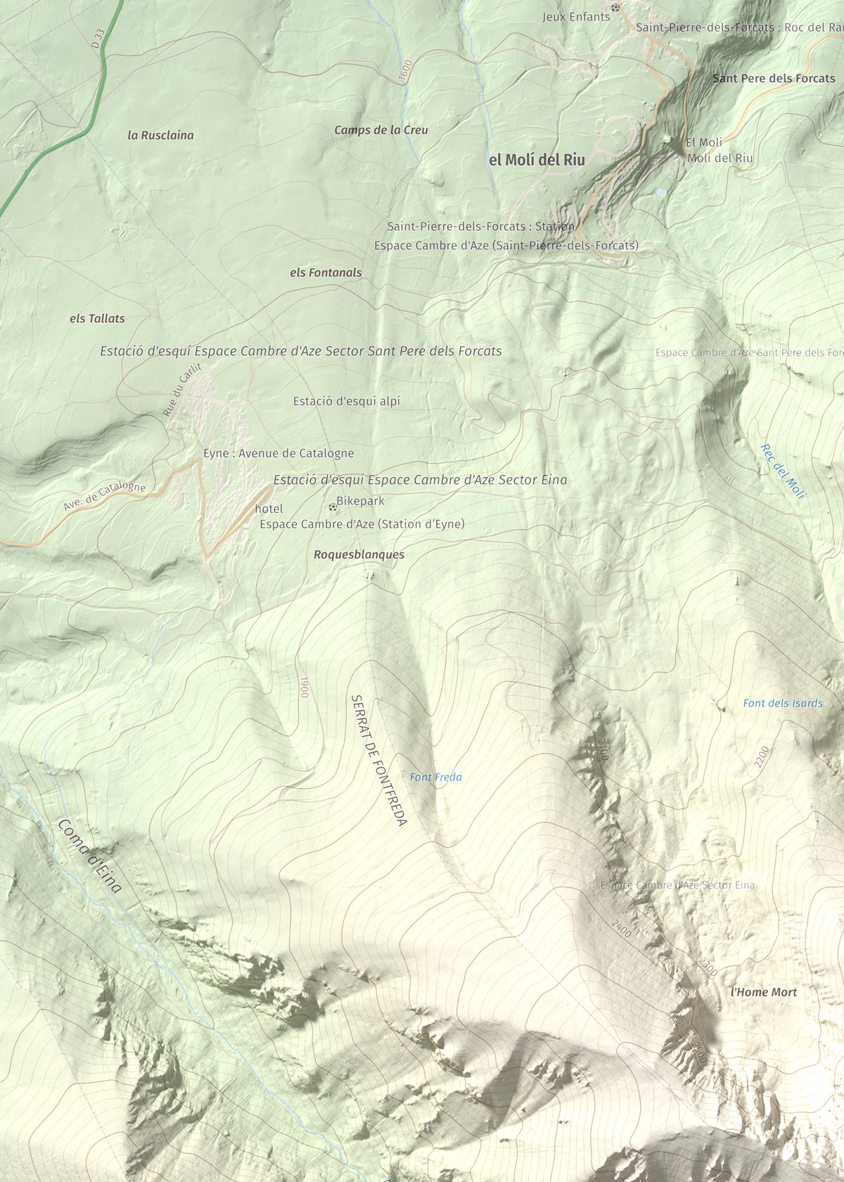 Mapa de relieve de Cambra d'Ase, 2750 m, Cerdanya Nord, lámina 100 Cims de Trobart. Detalle de la zona superior izquierda. 50 × 70 cm.