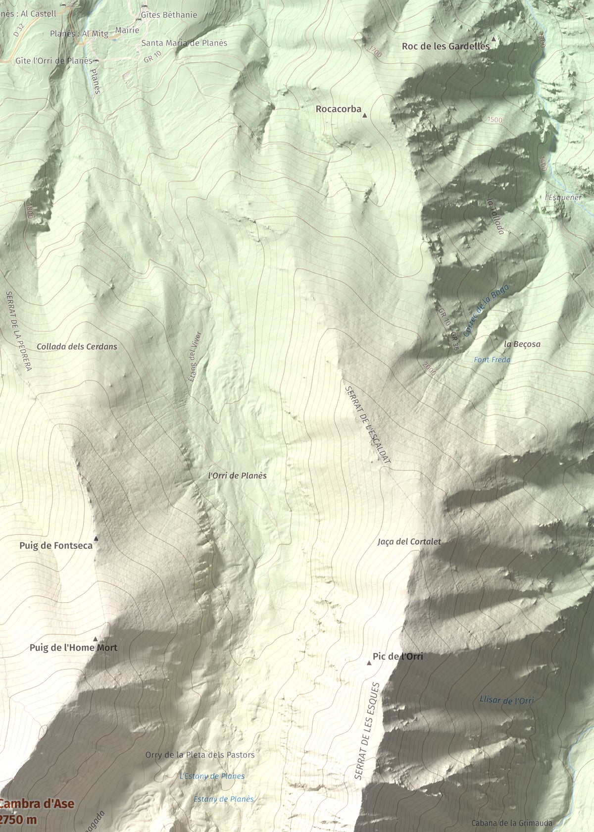 Mapa de relieve de Cambra d'Ase, 2750 m, Cerdanya Nord, lámina 100 Cims de Trobart. Detalle de la zona superior derecha. 50 × 70 cm.