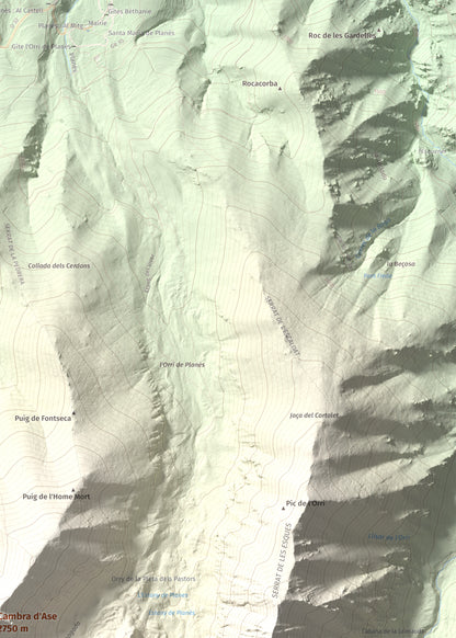 Mapa de relieve de Cambra d'Ase, 2750 m, Cerdanya Nord, lámina 100 Cims de Trobart. Detalle de la zona superior derecha. 50 × 70 cm.