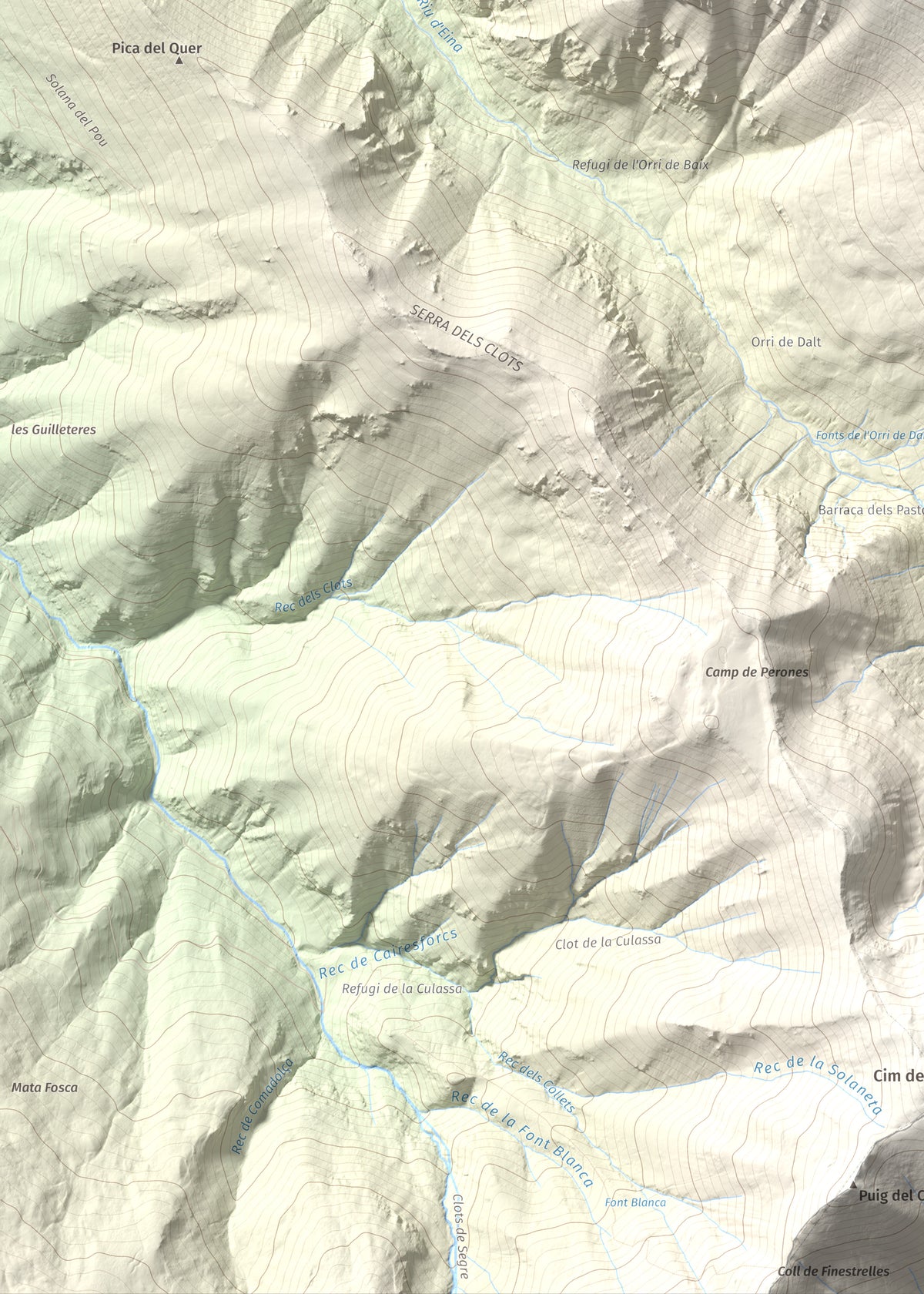 Mapa de relieve de Cambra d'Ase, 2750 m, Cerdanya Nord, lámina 100 Cims de Trobart. Detalle de la zona inferior izquierda. 50 × 70 cm.