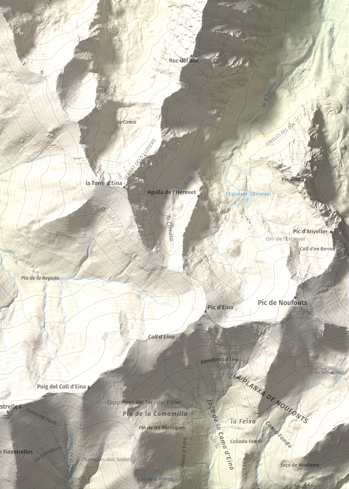 Mapa de relieve de Cambra d'Ase, 2750 m, Cerdanya Nord, lámina 100 Cims de Trobart. Detalle de la zona inferior derecha. 50 × 70 cm.