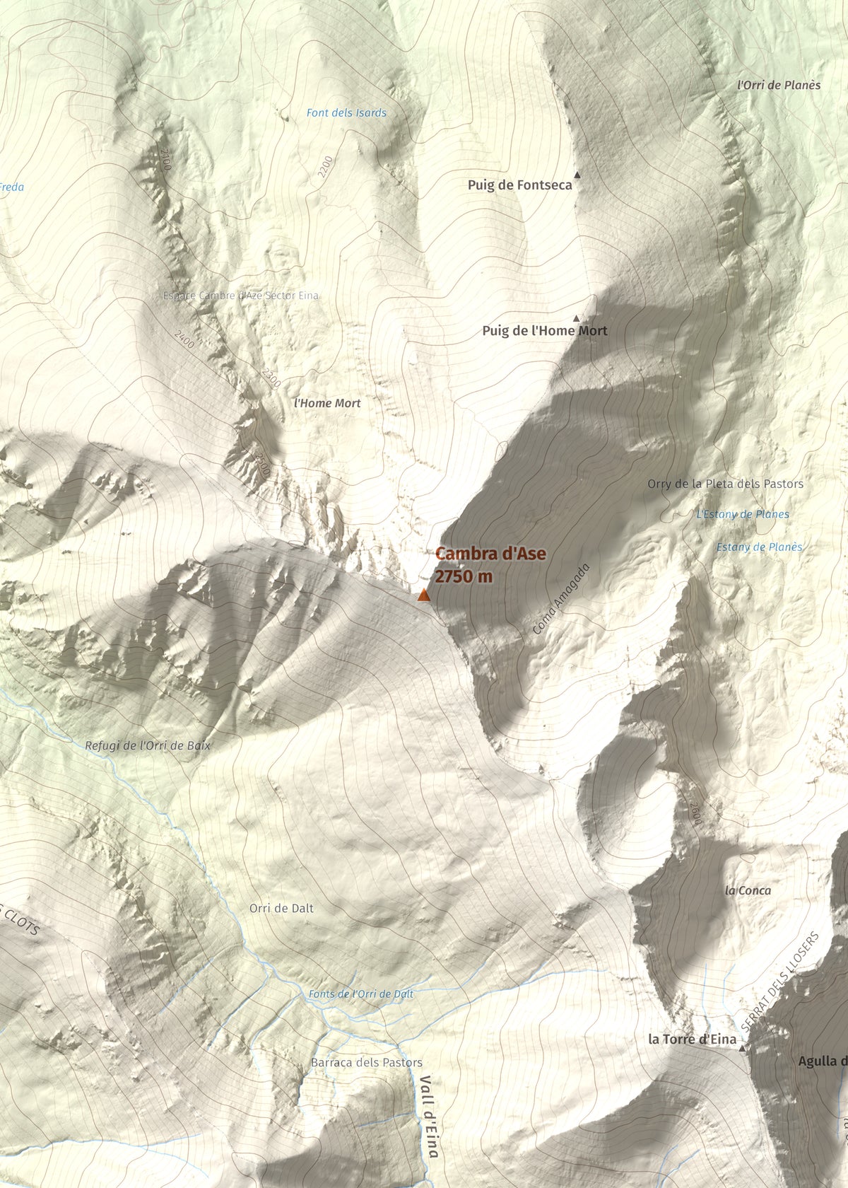 Mapa de relieve de Cambra d'Ase, 2750 m, Cerdanya Nord, lámina 100 Cims de Trobart. Detalle de la zona central. 50 × 70 cm.