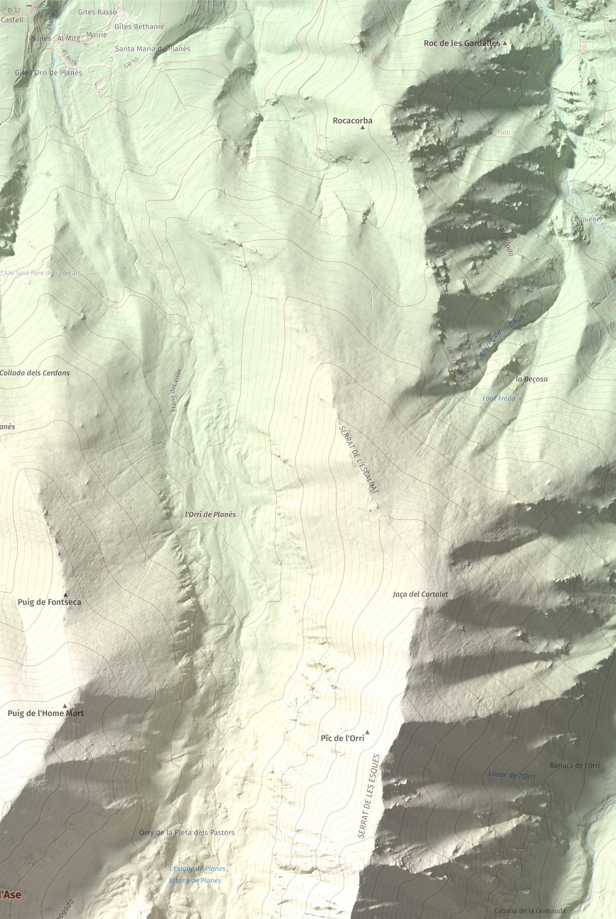 Mapa de relieve de Cambra d'Ase, 2750 m, Cerdanya Nord, lámina 100 Cims de Trobart. Detalle de la zona superior derecha. 61 × 91 cm.