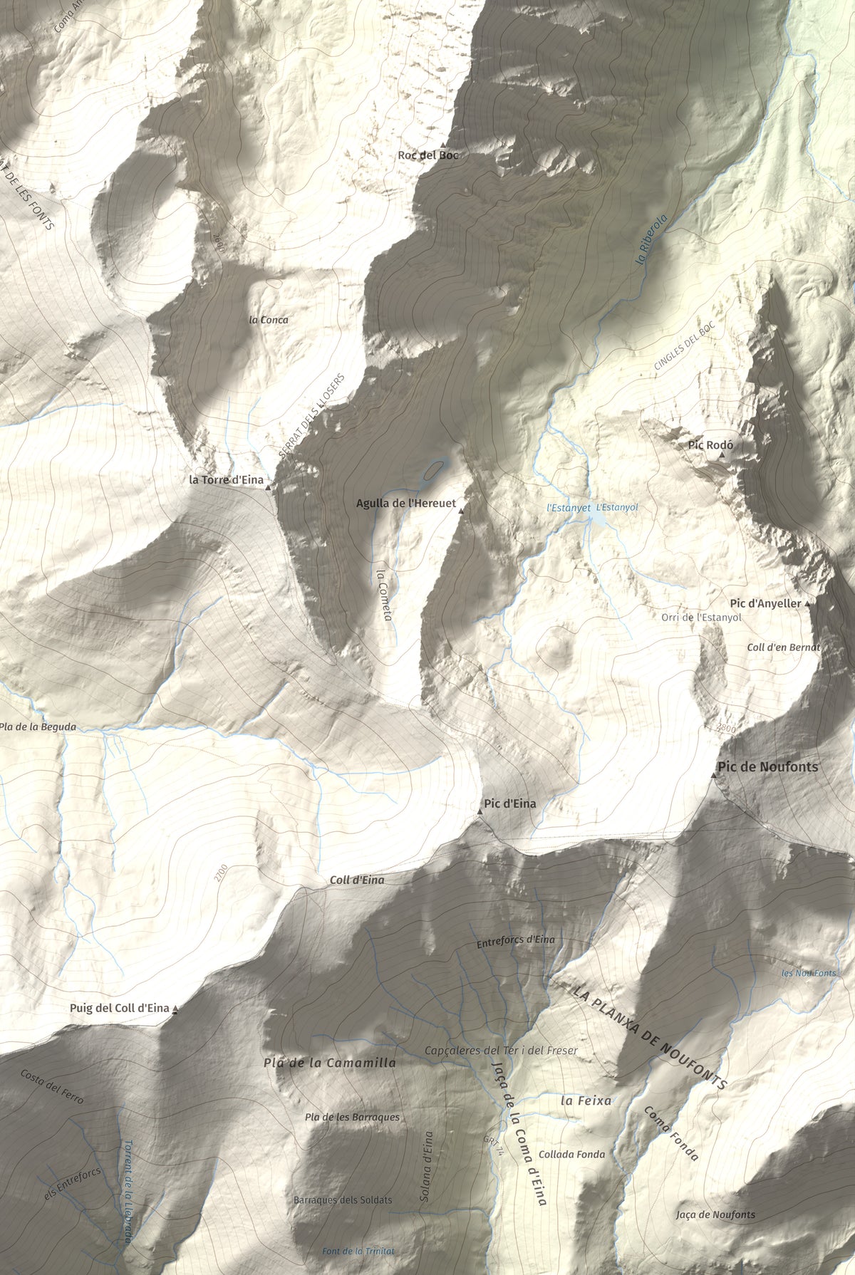 Mapa de relieve de Cambra d'Ase, 2750 m, Cerdanya Nord, lámina 100 Cims de Trobart. Detalle de la zona inferior derecha. 61 × 91 cm.