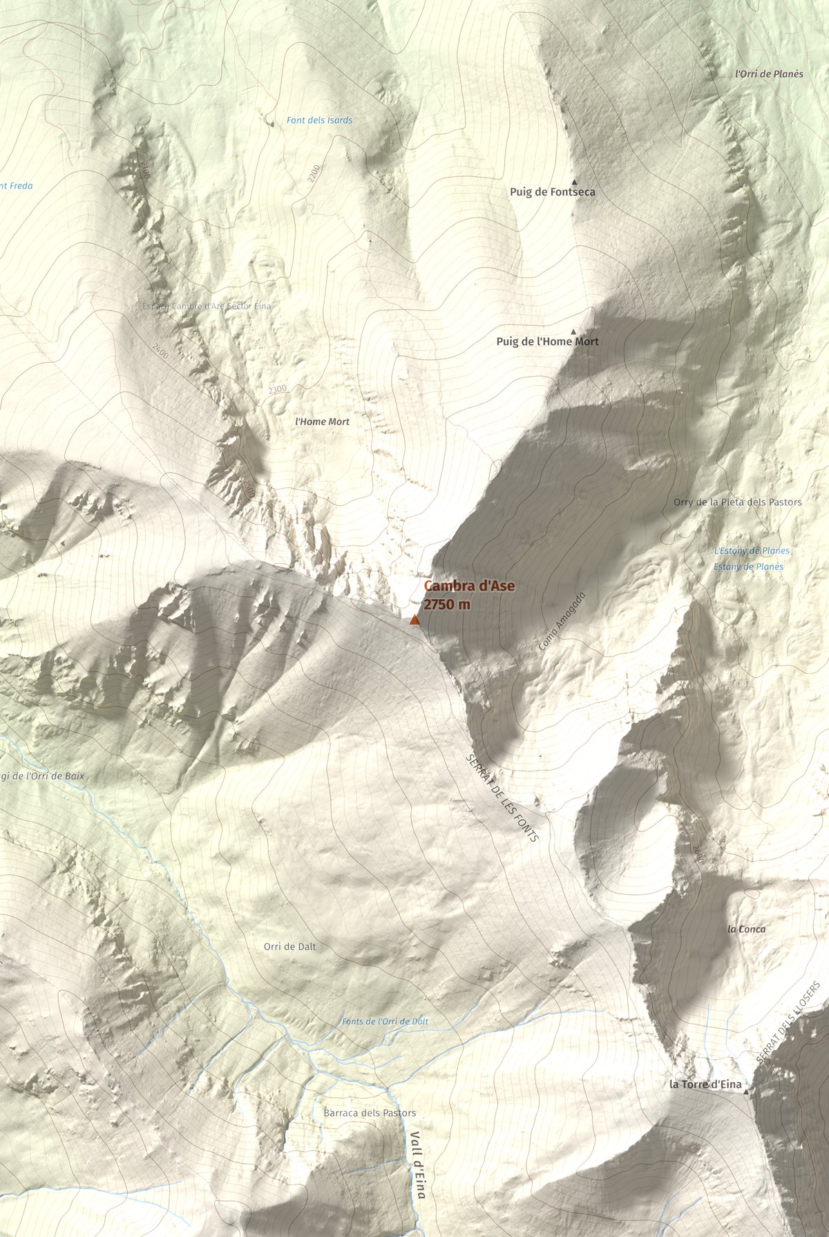 Mapa de relieve de Cambra d'Ase, 2750 m, Cerdanya Nord, lámina 100 Cims de Trobart. Detalle de la zona central. 61 × 91 cm.