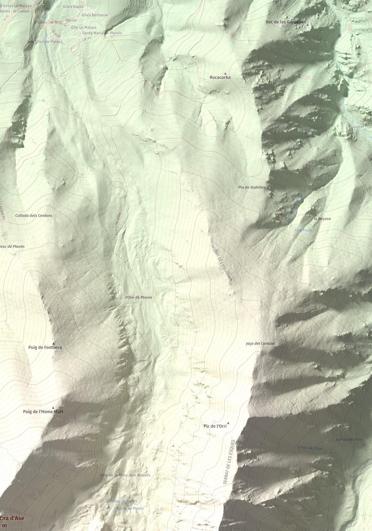 Mapa de relieve de Cambra d'Ase, 2750 m, Cerdanya Nord, lámina 100 Cims de Trobart. Detalle de la zona superior derecha. 70 × 100 cm.