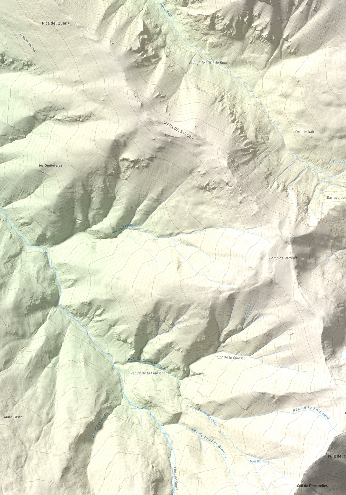 Mapa de relieve de Cambra d'Ase, 2750 m, Cerdanya Nord, lámina 100 Cims de Trobart. Detalle de la zona inferior izquierda. 70 × 100 cm.