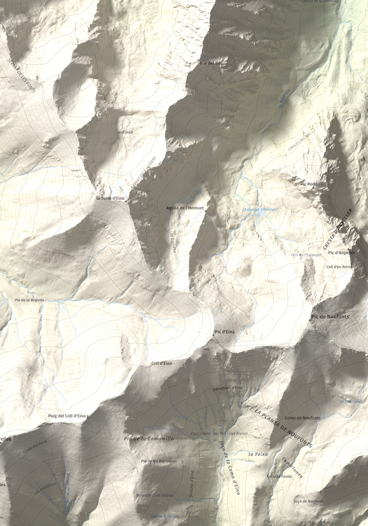Mapa de relieve de Cambra d'Ase, 2750 m, Cerdanya Nord, lámina 100 Cims de Trobart. Detalle de la zona inferior derecha. 70 × 100 cm.
