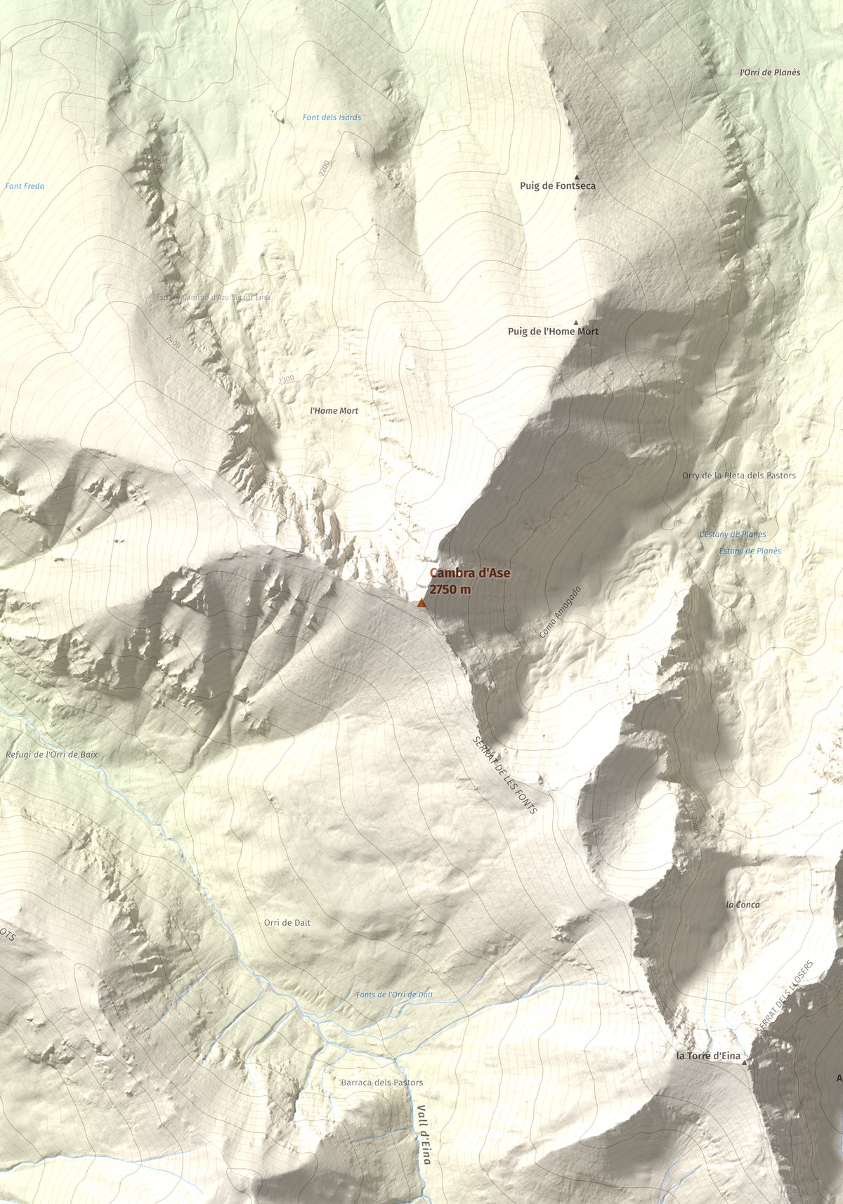 Mapa de relieve de Cambra d'Ase, 2750 m, Cerdanya Nord, lámina 100 Cims de Trobart. Detalle de la zona central. 70 × 100 cm.