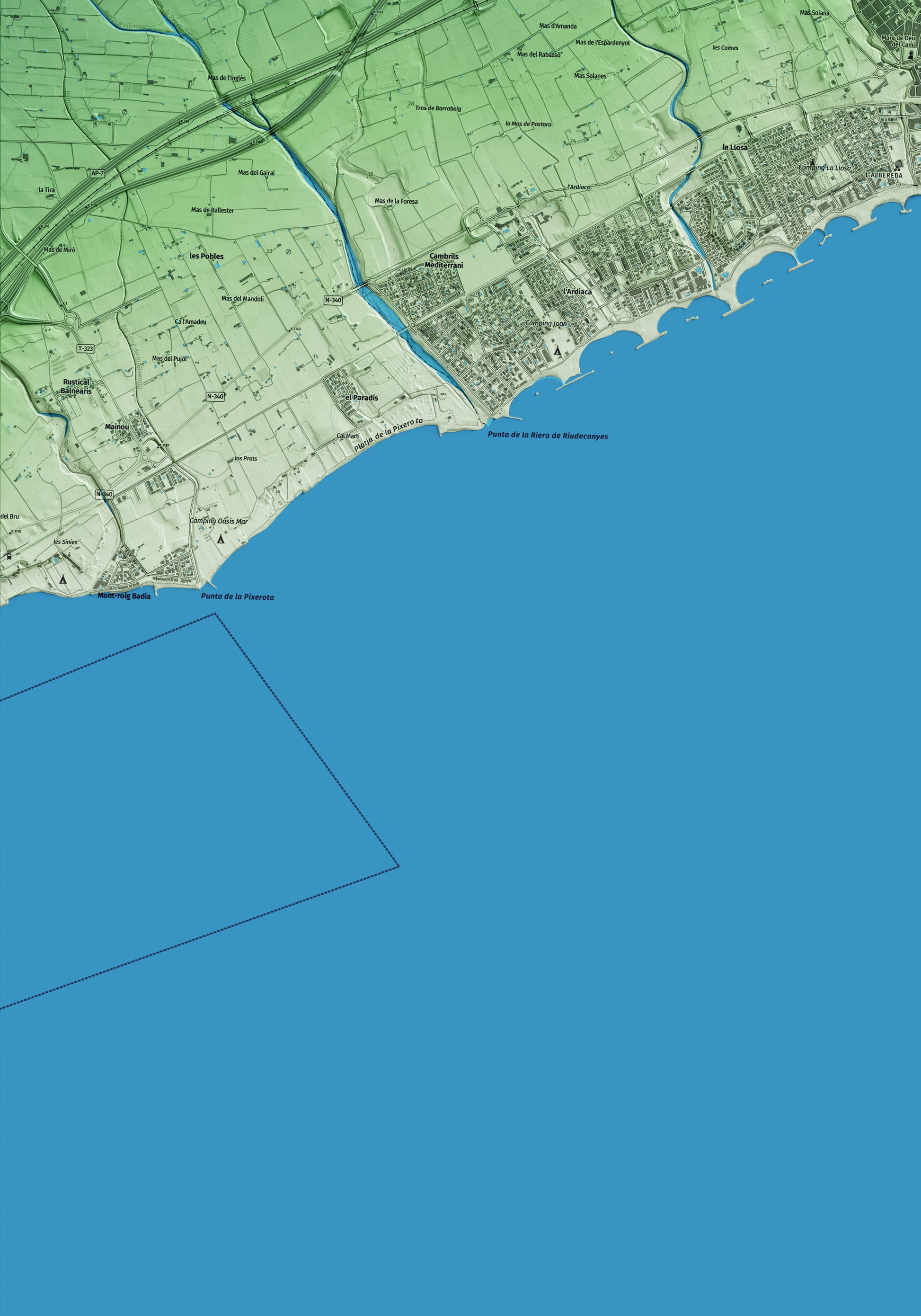 Mapa artístico del relieve de Cambrils, al Baix Camp, con 15 km de entorno y base topográfica ICGC. Detalle de la zona inferior izquierda.