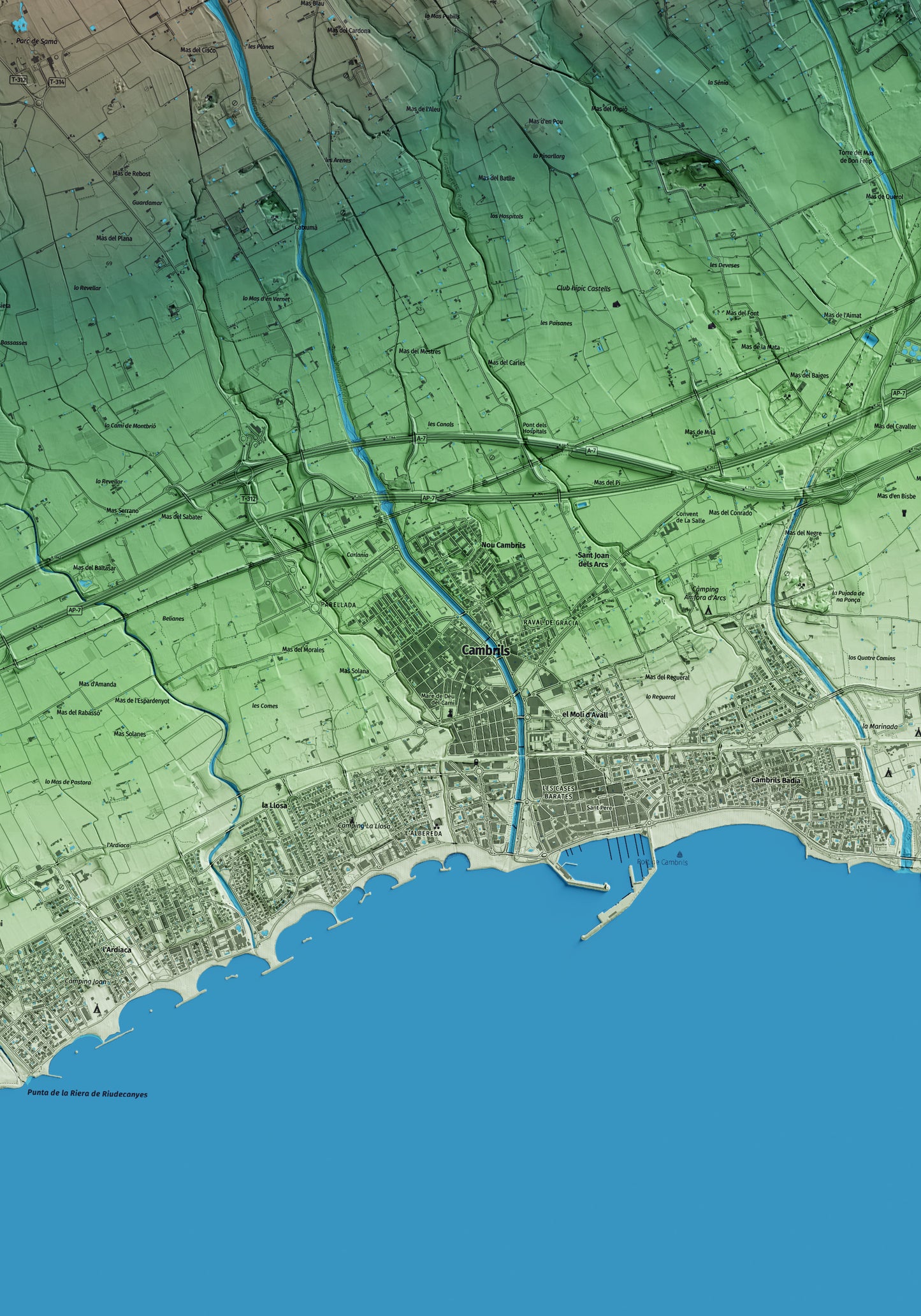 Mapa artístico del relieve de Cambrils, al Baix Camp, con 15 km de entorno y base topográfica ICGC. Detalle de la zona central.