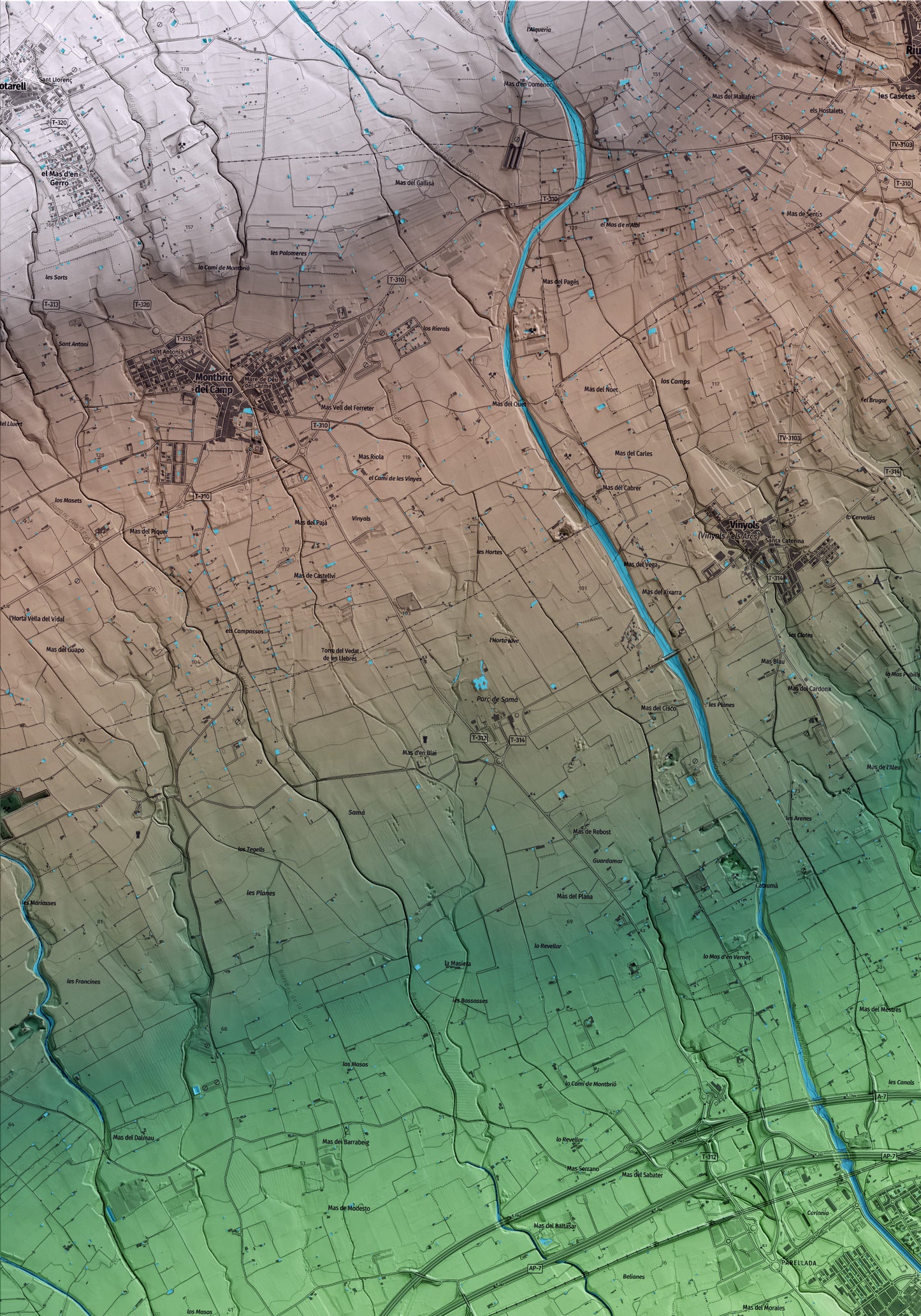 Mapa artístico del relieve de Cambrils, al Baix Camp, con 15 km de entorno y base topográfica ICGC. Detalle de la zona superior izquierda.