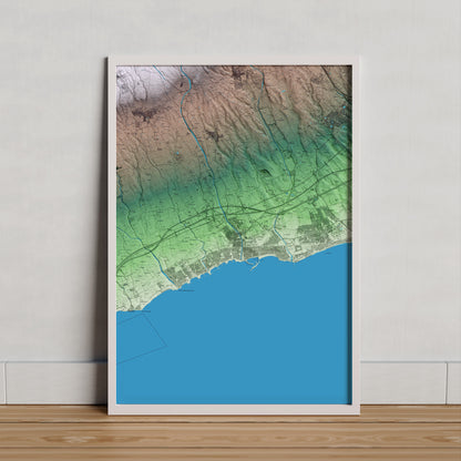 Mapa artístico del relieve de Cambrils, al Baix Camp, con 15 km de entorno y base topográfica ICGC. Presentación enmarcada.