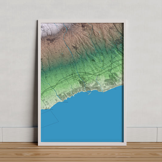 Mapa artístico del relieve de Cambrils, al Baix Camp, con 15 km de entorno y base topográfica ICGC. Presentación enmarcada.