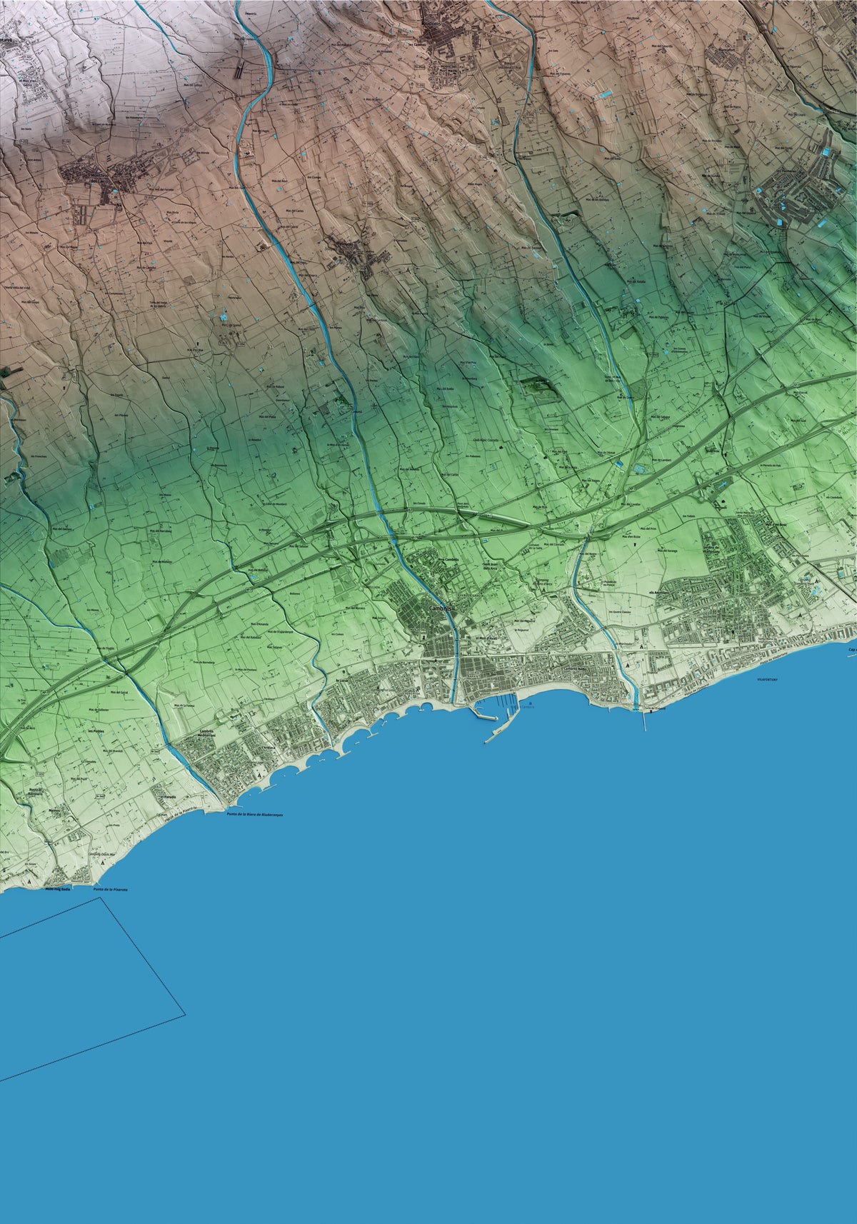 Mapa artístico del relieve de Cambrils, al Baix Camp, con 15 km de entorno y base topográfica ICGC
