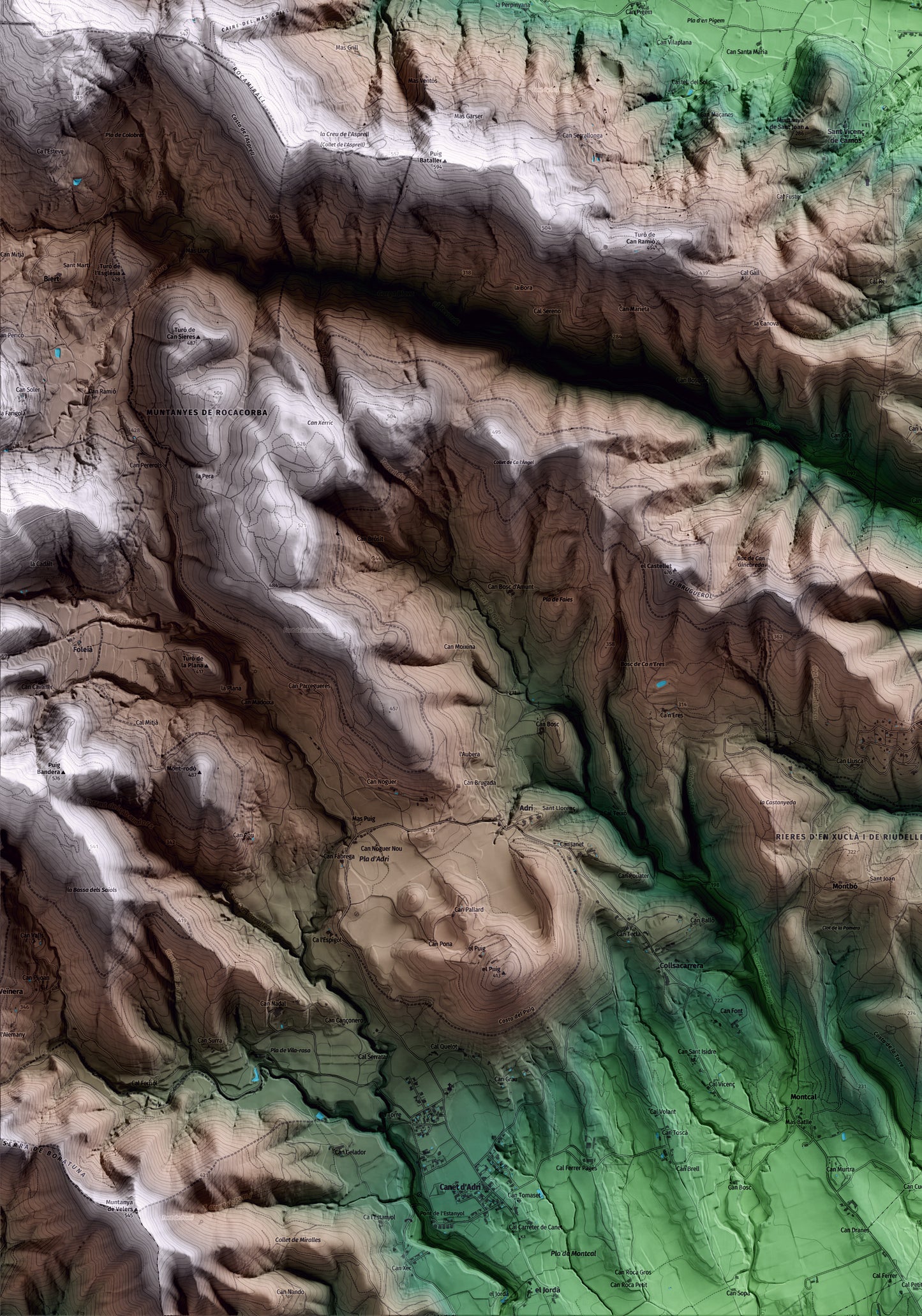 Mapa artístico del relieve de Camós, en el Pla de l'Estany, con 15 km de entorno y base topográfica ICGC. Detalle de la zona inferior izquierda.