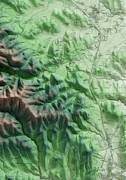 Mapa artístico del relieve de Camós, en el Pla de l'Estany, con 15 km de entorno y base topográfica ICGC. Detalle de la zona inferior derecha.