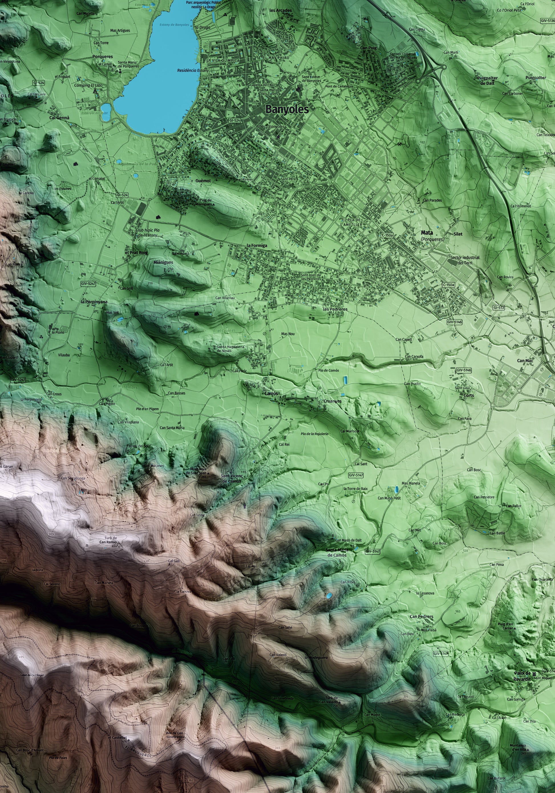 Mapa artístico del relieve de Camós, en el Pla de l'Estany, con 15 km de entorno y base topográfica ICGC. Detalle de la zona central.