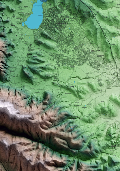 Mapa artístico del relieve de Camós, en el Pla de l'Estany, con 15 km de entorno y base topográfica ICGC. Detalle de la zona central.