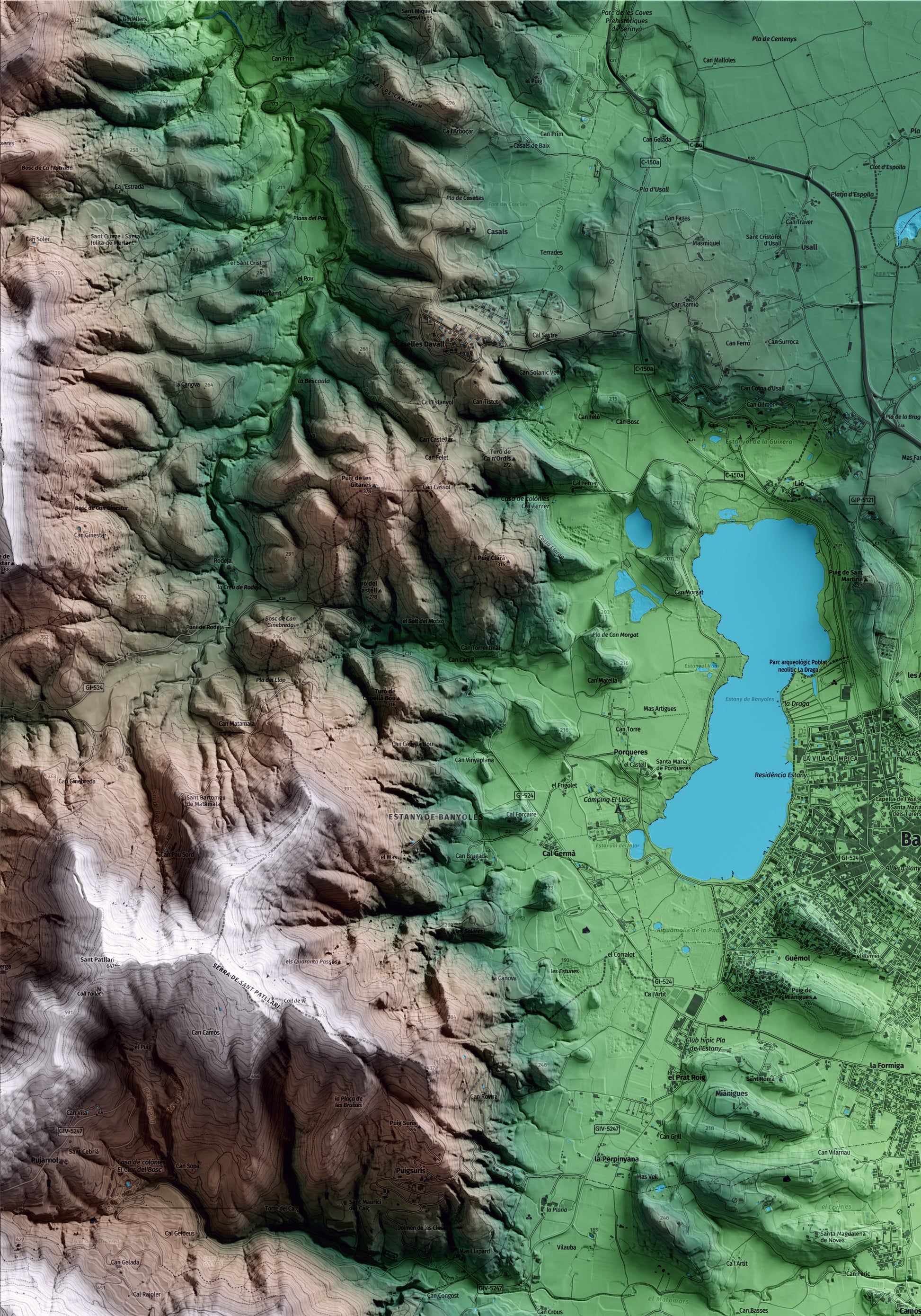 Mapa artístico del relieve de Camós, en el Pla de l'Estany, con 15 km de entorno y base topográfica ICGC. Detalle de la zona superior izquierda.