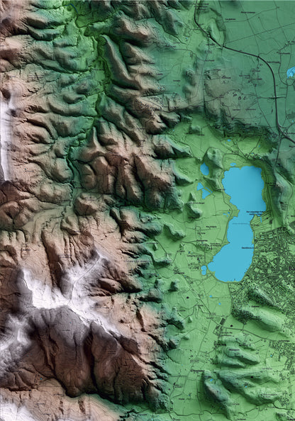 Mapa artístico del relieve de Camós, en el Pla de l'Estany, con 15 km de entorno y base topográfica ICGC. Detalle de la zona superior izquierda.